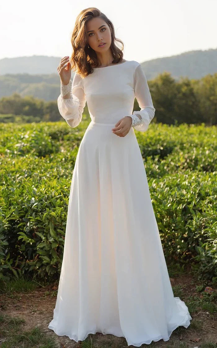 Elegant A-line chiffon wedding dress with long sleeves and a floor-length train.