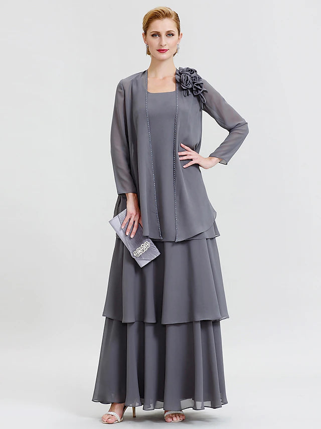 Front view of A-Line Mother of the Bride chiffon dress with scoop neck and long sleeves.