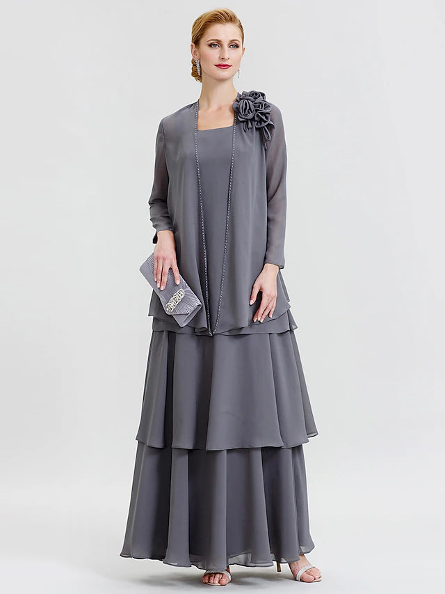 Back view of the floor-length Mother of the Bride dress.
