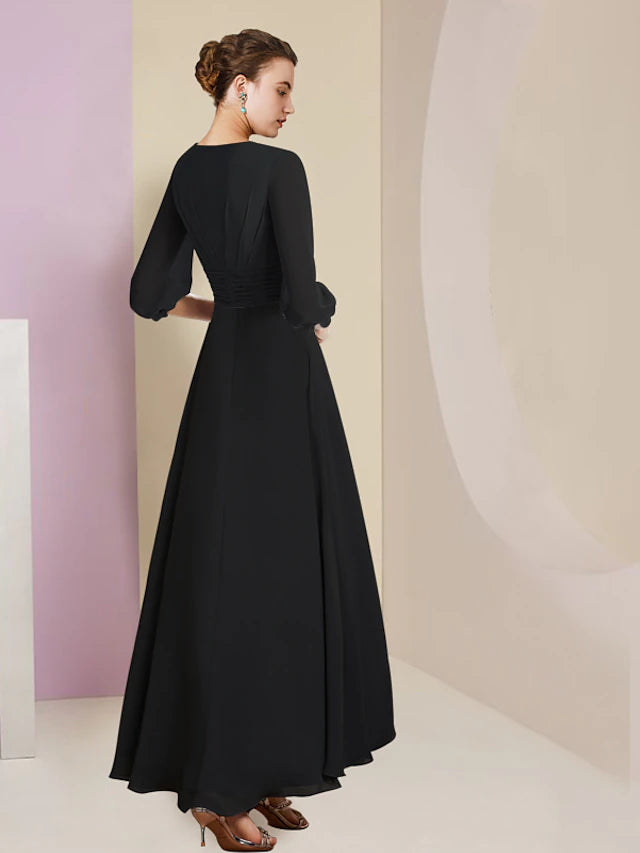 Back view of the A-Line chiffon Mother of the Bride dress, showcasing the elegant drape and silhouette.