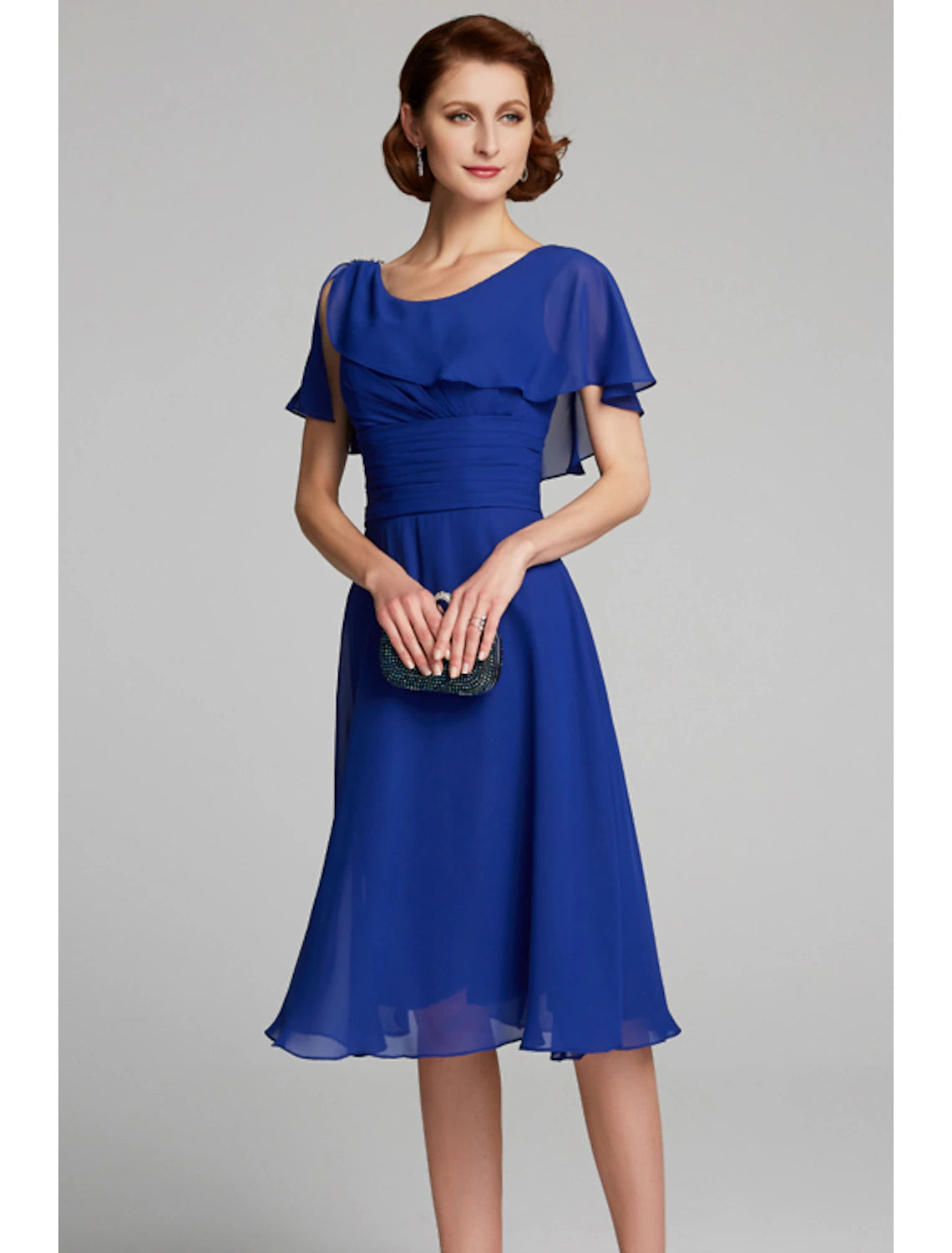 Full view of the A-Line chiffon dress, suitable for a wedding.