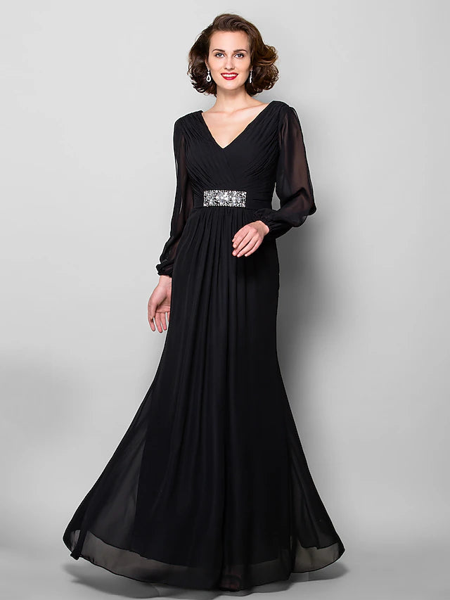 Elegant A-line chiffon Mother of the Bride gown with V-neck and long sleeves.