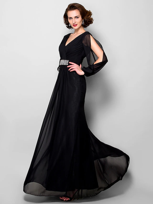 Side view of the elegant A-line Mother of the Bride dress.