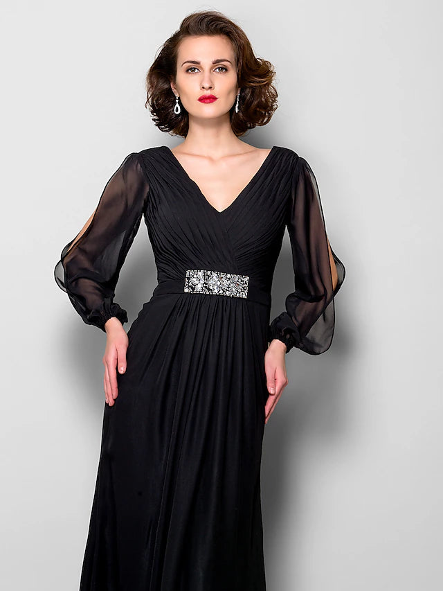 Full length view of the floor-length A-line formal dress.