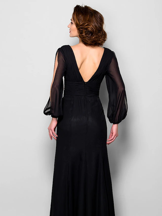 Flowing skirt of the floor-length chiffon dress.