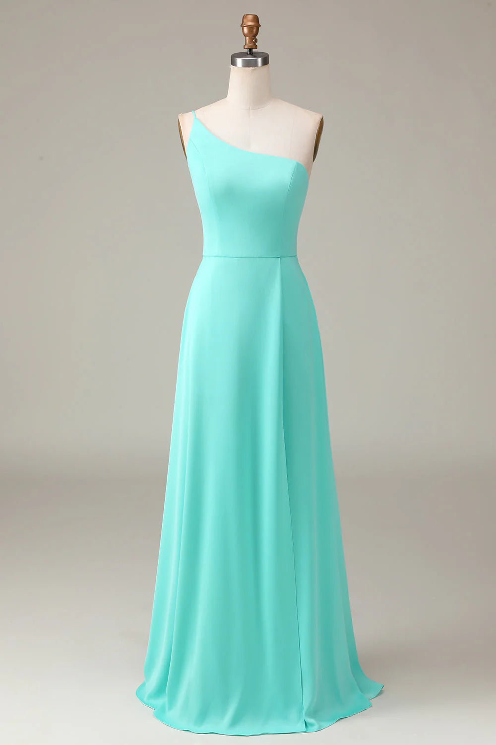 Full length view of the A-line chiffon bridesmaid dress, highlighting its elegant drape.