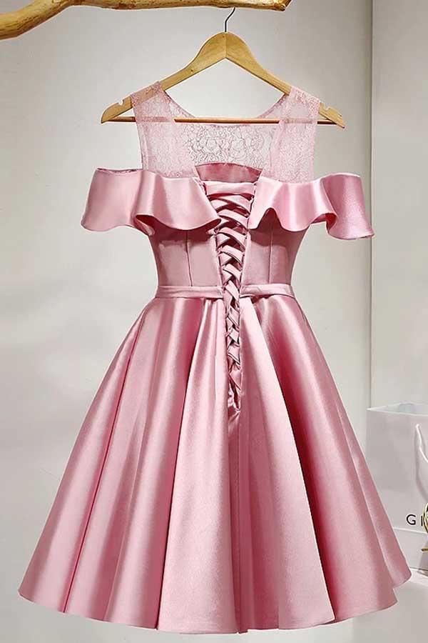 Back view of pink A-line satin homecoming dress with cold shoulder sleeves.