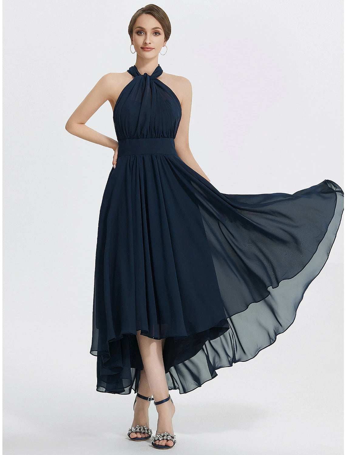 Elegant A-line chiffon cocktail dress with convertible off-shoulder neckline.