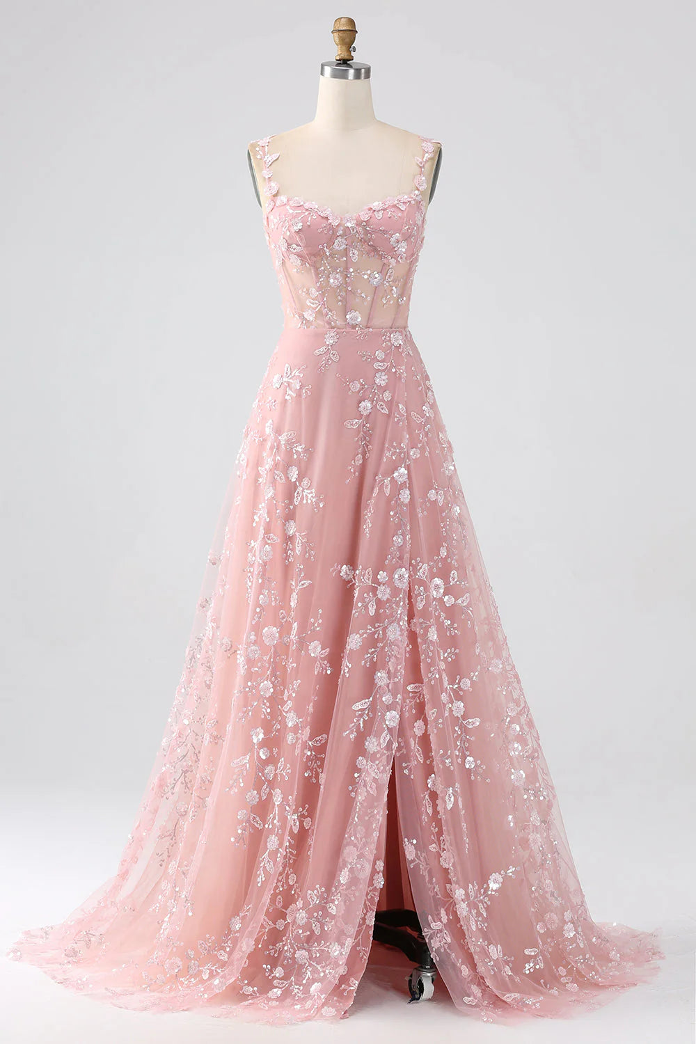 Blush A-line corset prom dress, front view.