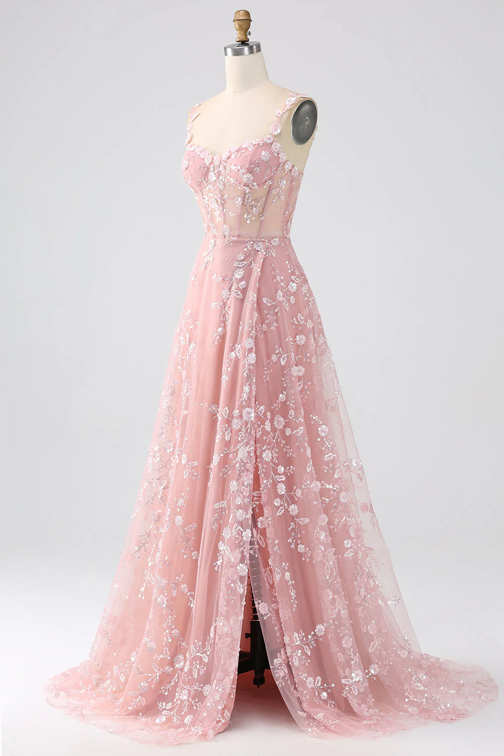 Blush A-line formal gown, side view.