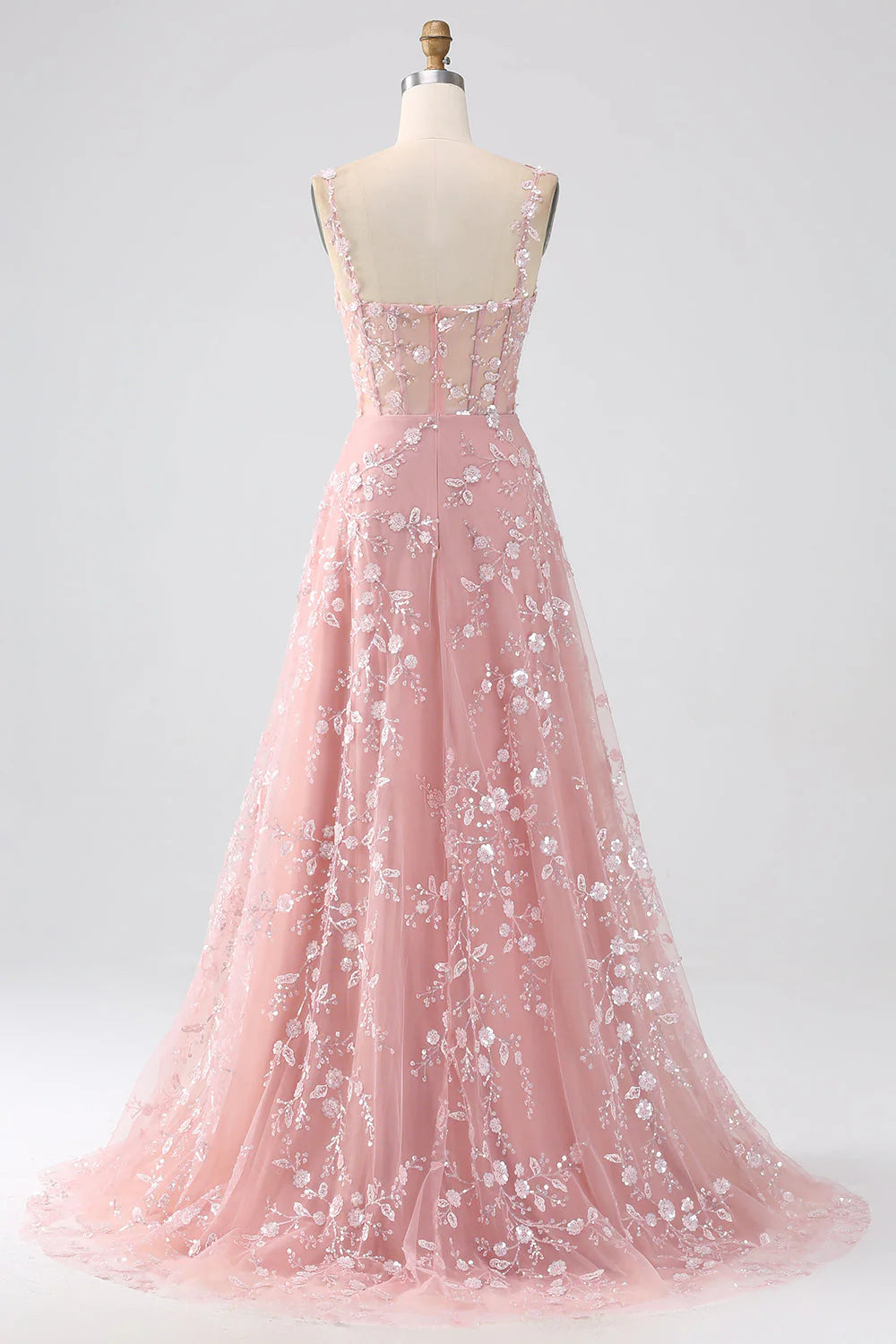 Blush A-line evening dress, back view.