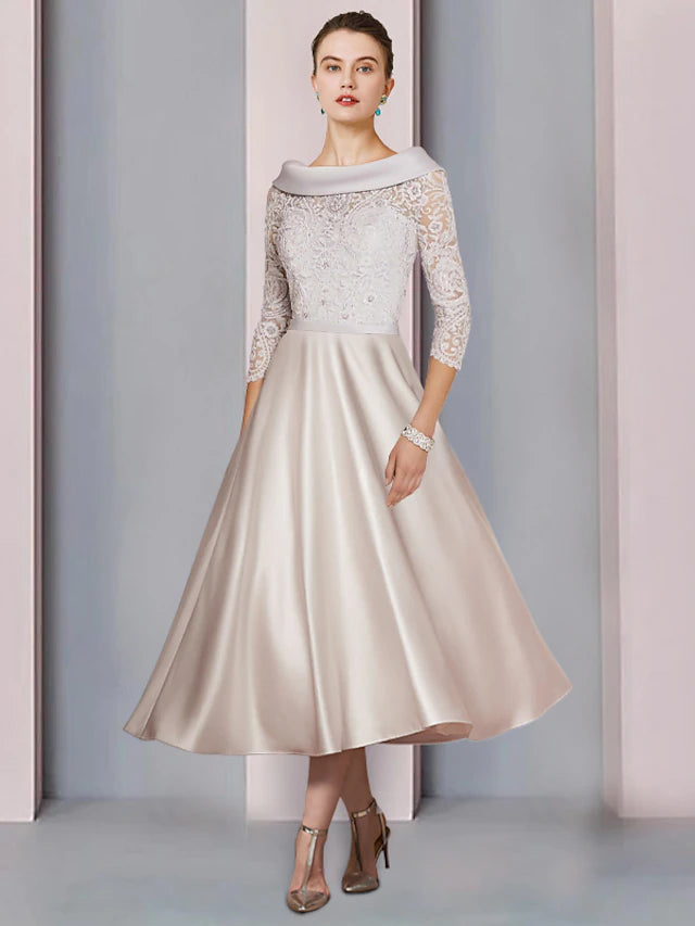 Elegant A-Line Mother of the Bride dress with cowl neck and 3/4 sleeves.