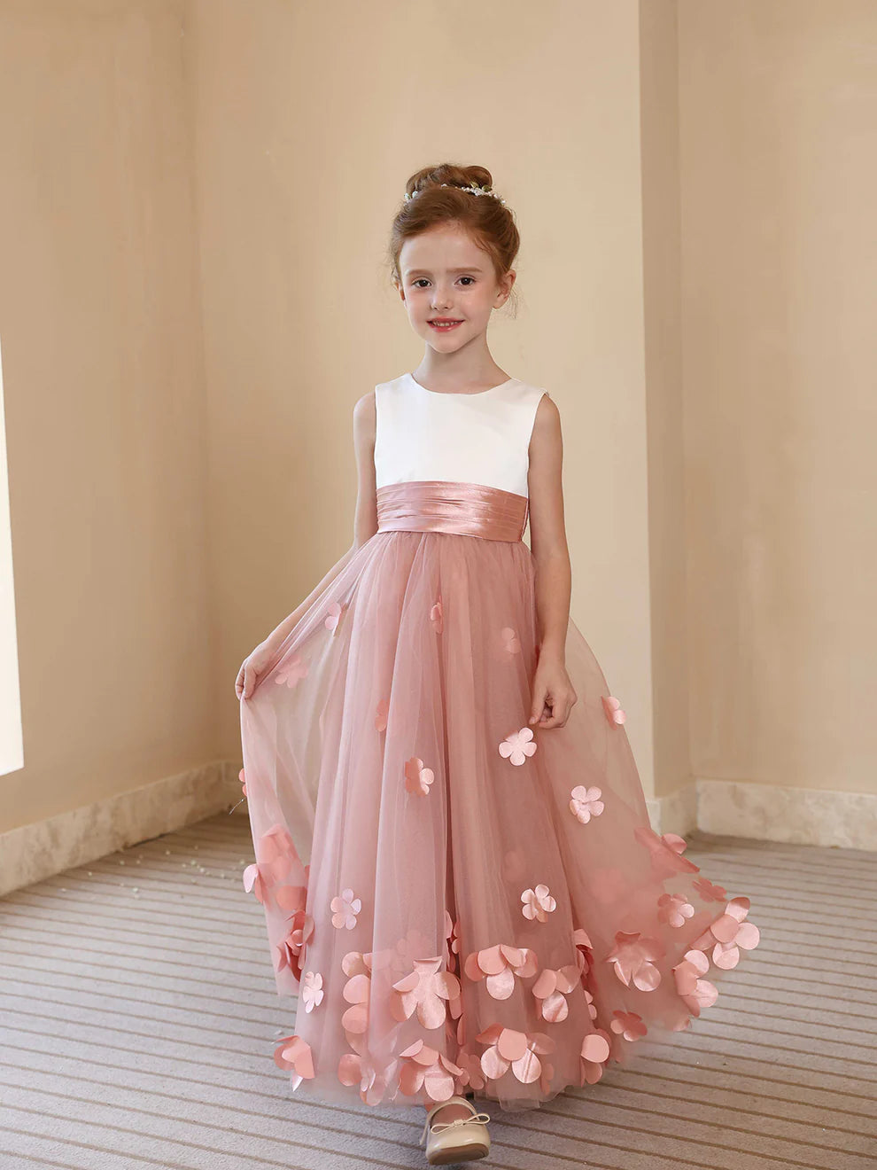 Elegant A-line flower girl dress with crew neck and floral appliques.