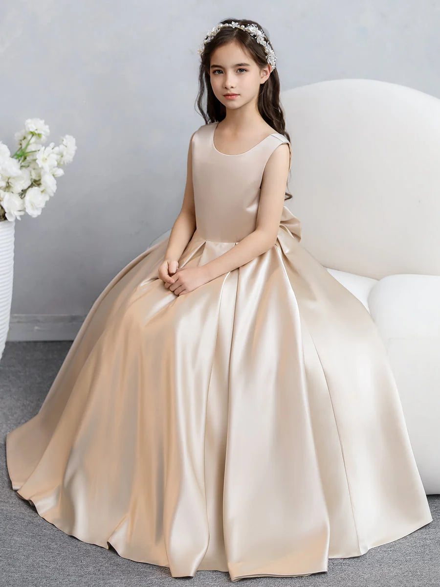 Elegant white satin flower girl dress with a crew neck and large bowknot on the back.
