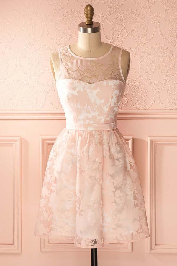 A-Line short lace homecoming dress with crew neck.