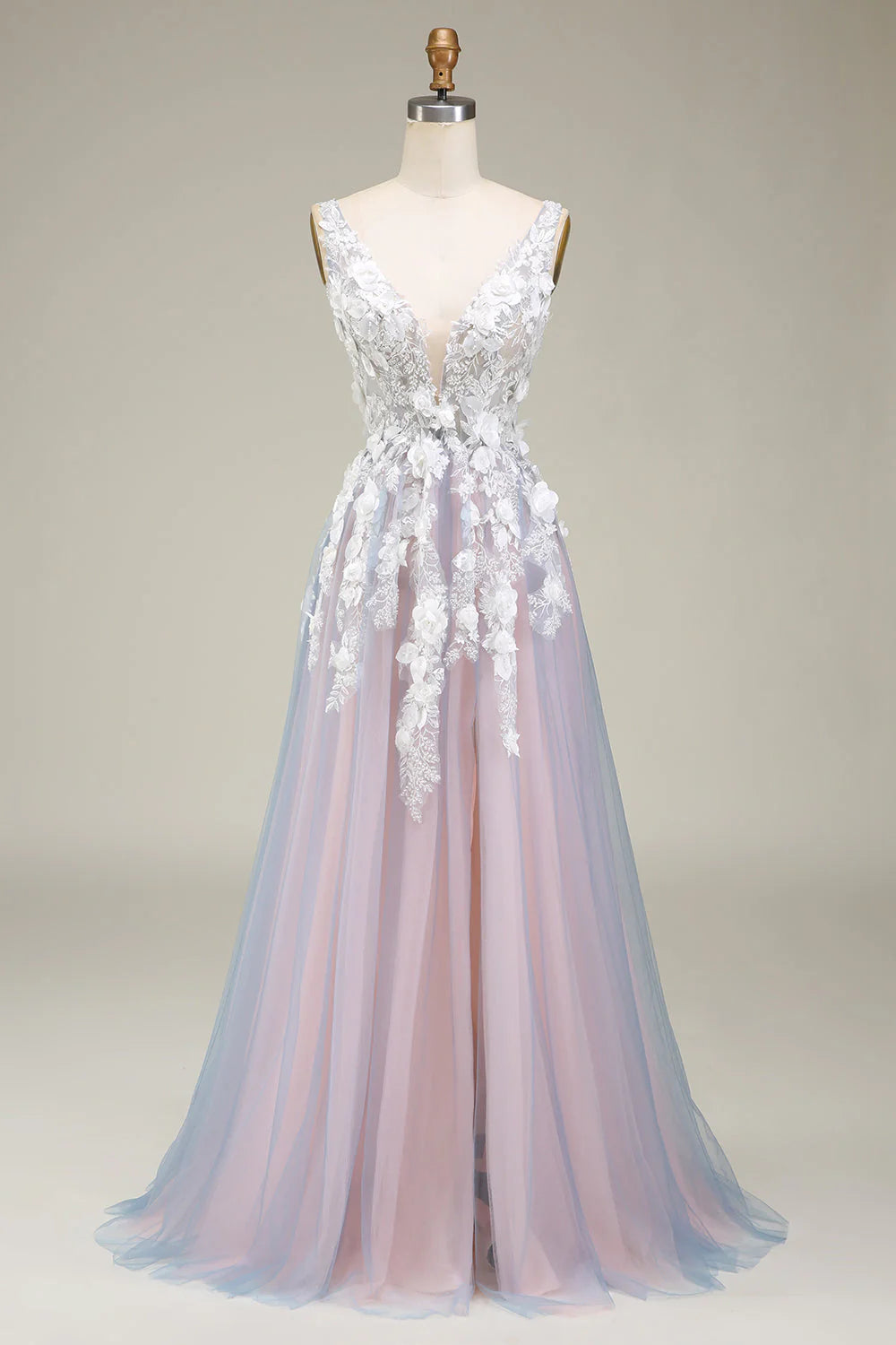 Elegant A-Line deep V-neck long prom dress in grey and pink with intricate appliques.