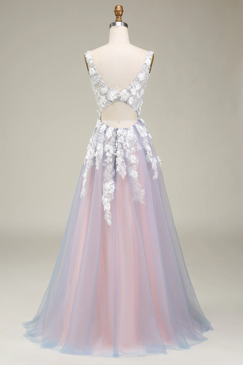 Back view of the A-Line deep V-neck long prom dress, highlighting the flowing skirt and applique details.