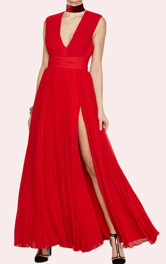Full-length view of a deep V-neck chiffon evening gown.
