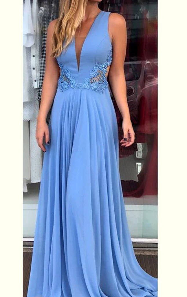 Elegant deep V-neck chiffon lace long prom dress on a model.