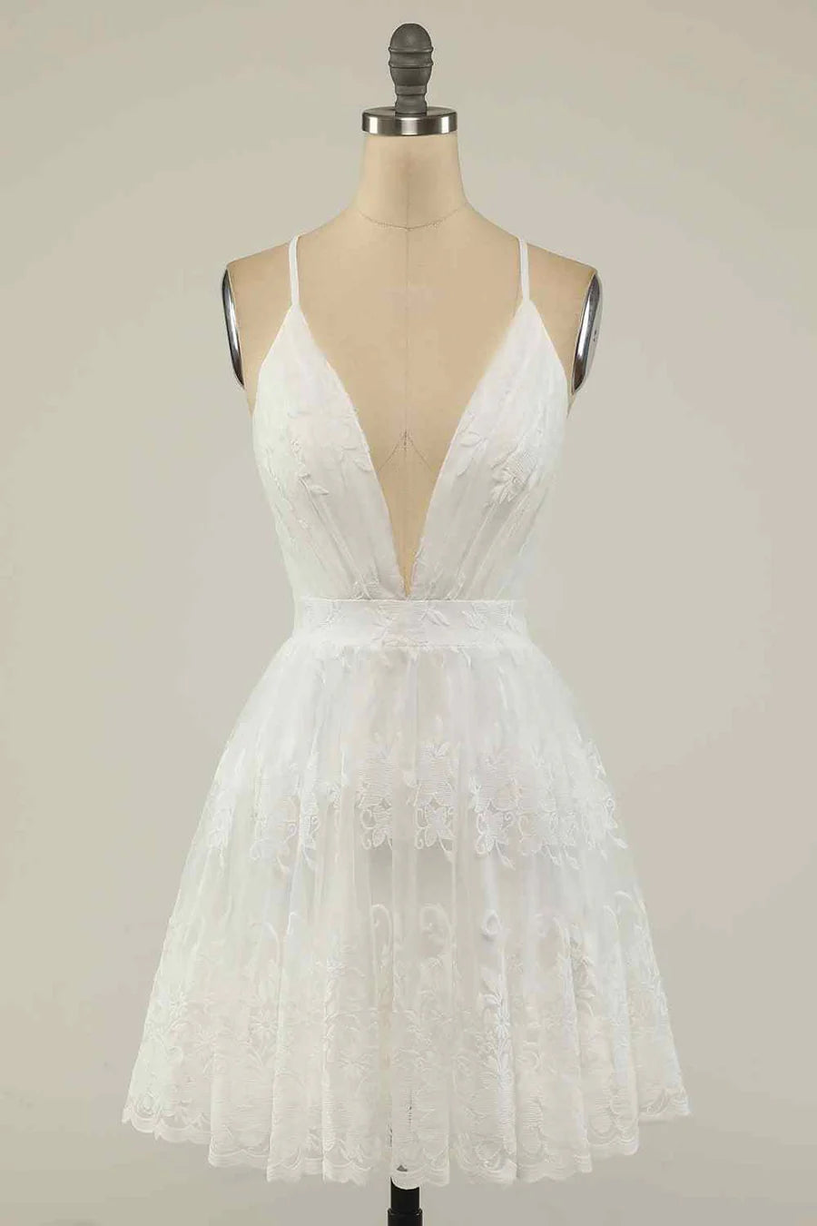 Elegant A-line deep V-neck homecoming dress with crossed back and embroidery.