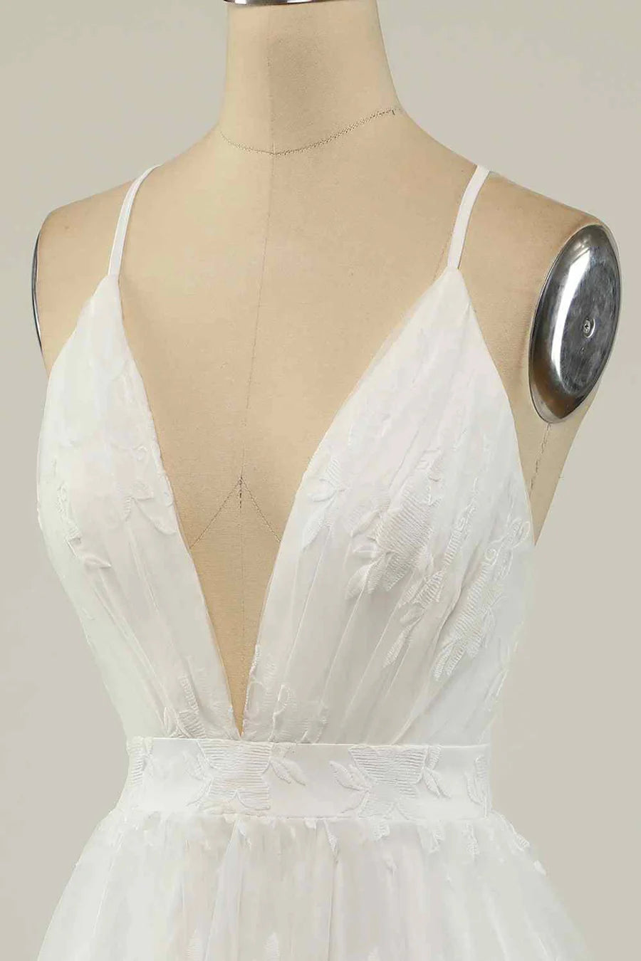 Side view of an A-line deep V-neck homecoming dress.