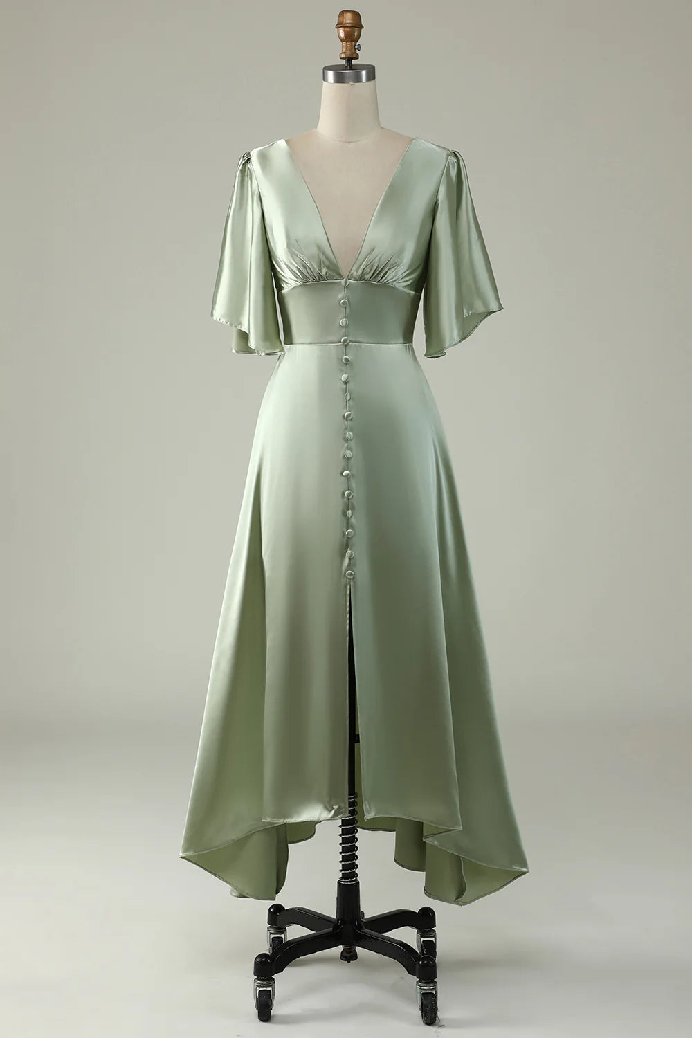 Elegant light green satin A-line prom dress with deep V-neck and button detail.