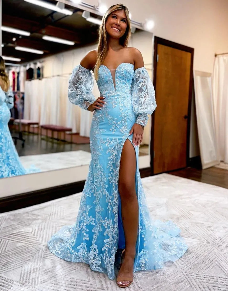 Woman wearing an elegant A-line deep V-neck long sleeve prom gown.