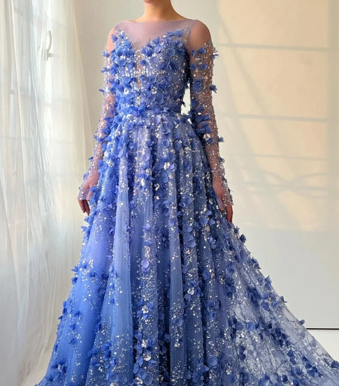 Elegant A-line prom dress with deep V-neck, long sleeves, and sequined floral embellishments.