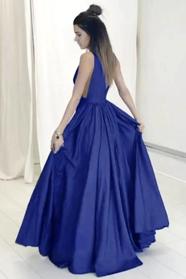 Back view of royal blue A-line evening gown showing sweep train and elegant silhouette.
