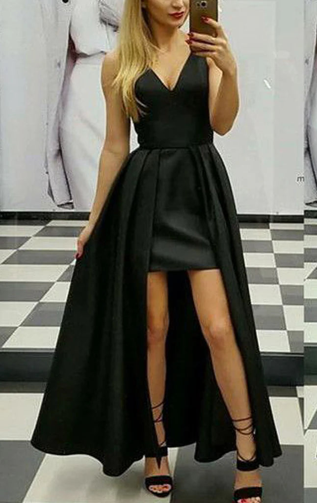 Elegant A-line deep V-neck satin high-low prom dress.