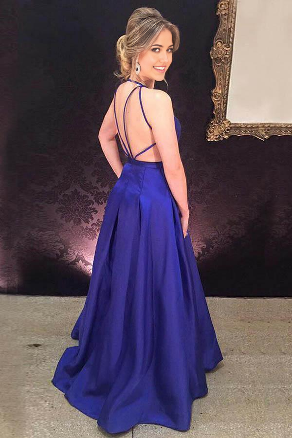 Royal blue A-line evening dress featuring a deep V-neckline and pleated satin fabric.