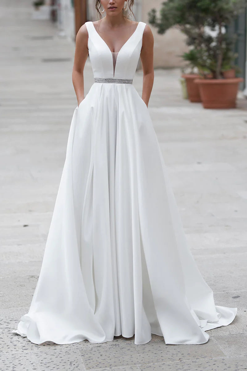Front view of an elegant A-line deep V-neck satin wedding dress.