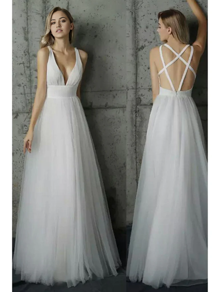 Elegant A-line white deep V-neck sleeveless ball gown wedding dress.