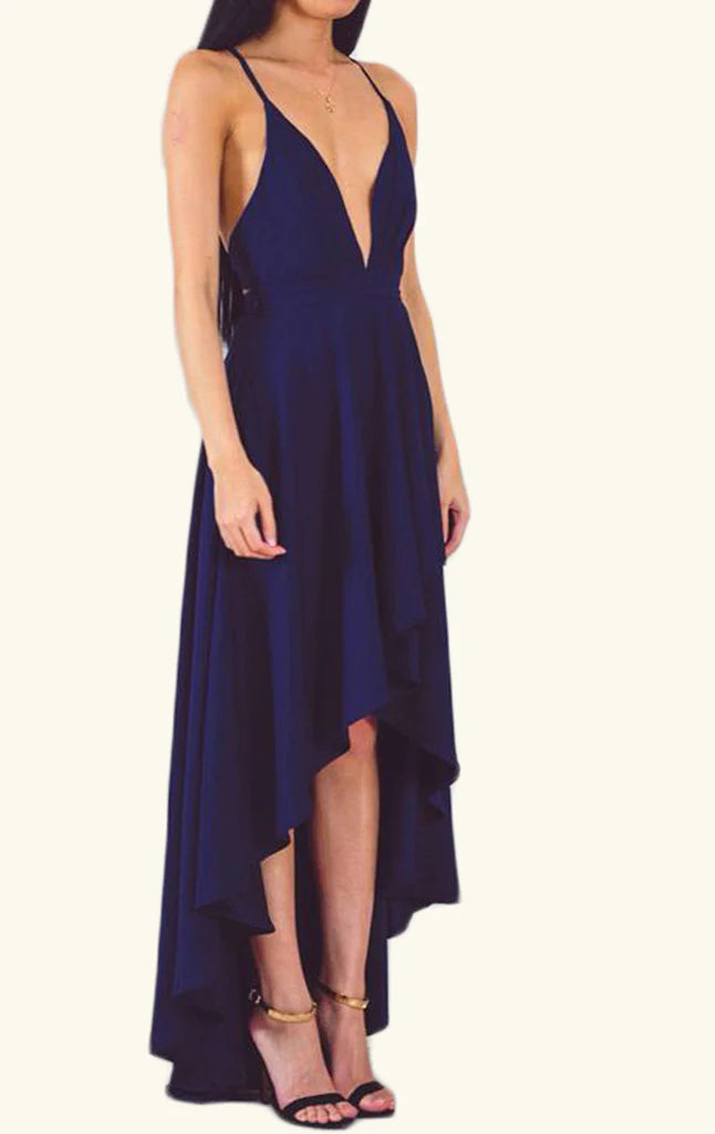 Elegant deep V-neck sleeveless formal maxi gown.