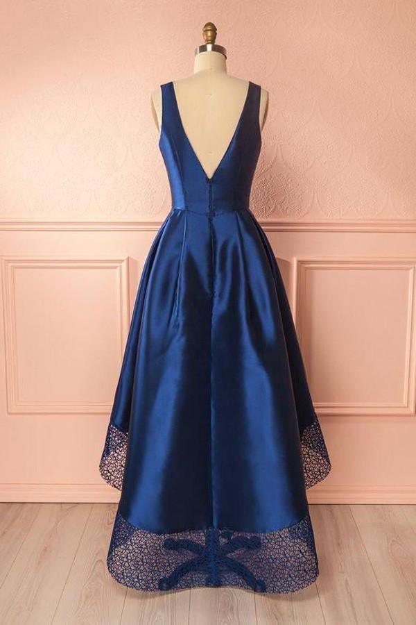 Back view of the sleeveless high-low satin formal dress with lace details.