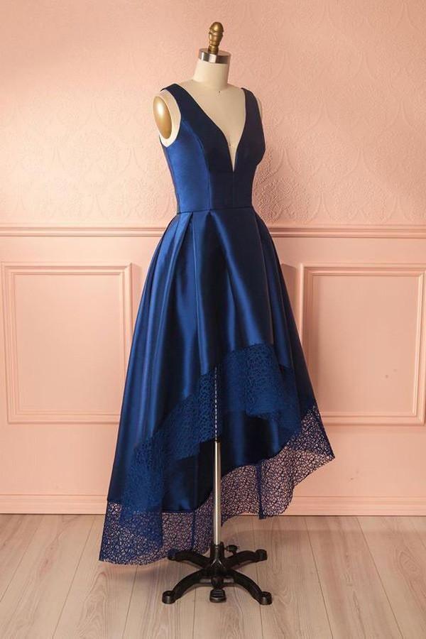 Side profile of the A-line deep V-neck prom dress, showcasing the lace bodice.