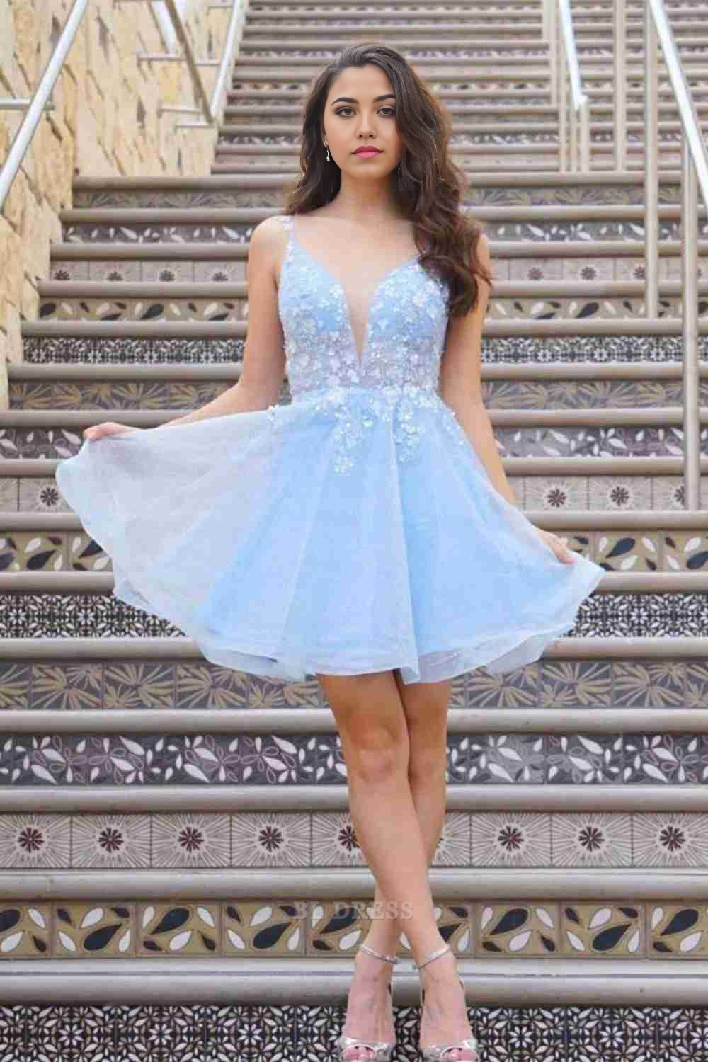 Side view of elegant A-Line evening dress with applique.