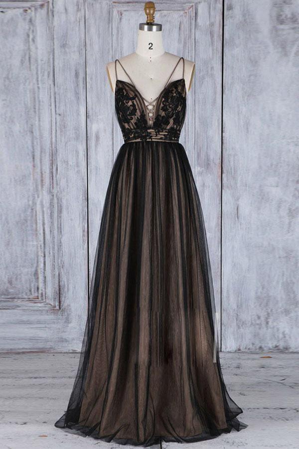 Full view of an elegant A-line deep V-neck tulle prom dress with a sweep train.