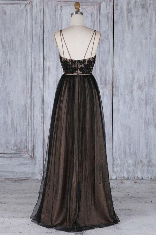 Back view of the backless A-line deep V-neck tulle prom dress.