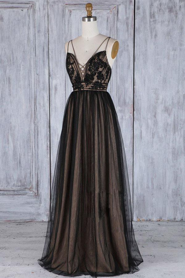 Side view of the A-line deep V-neck tulle prom dress, showcasing the sweep train.