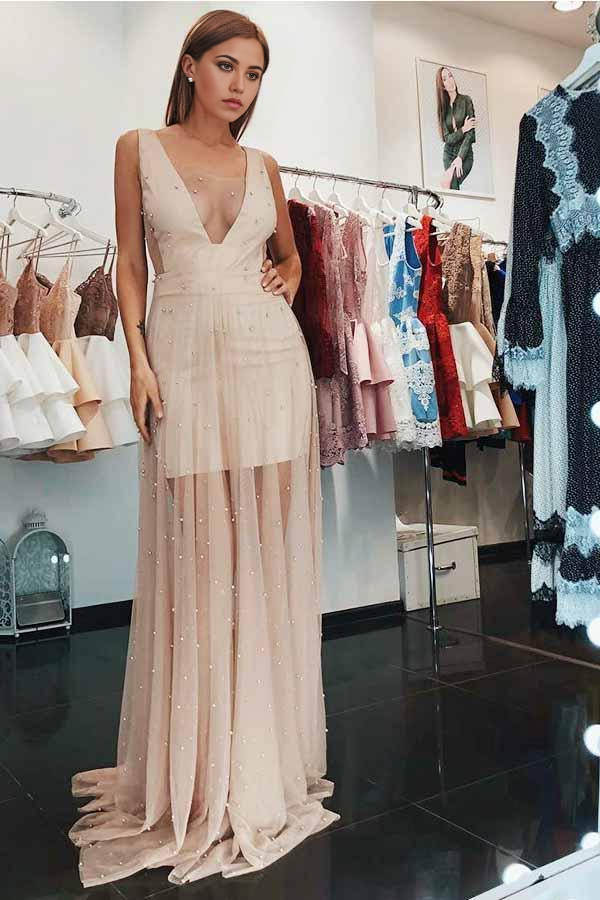 Elegant A-line pearl pink prom dress with deep V-neck and tulle.