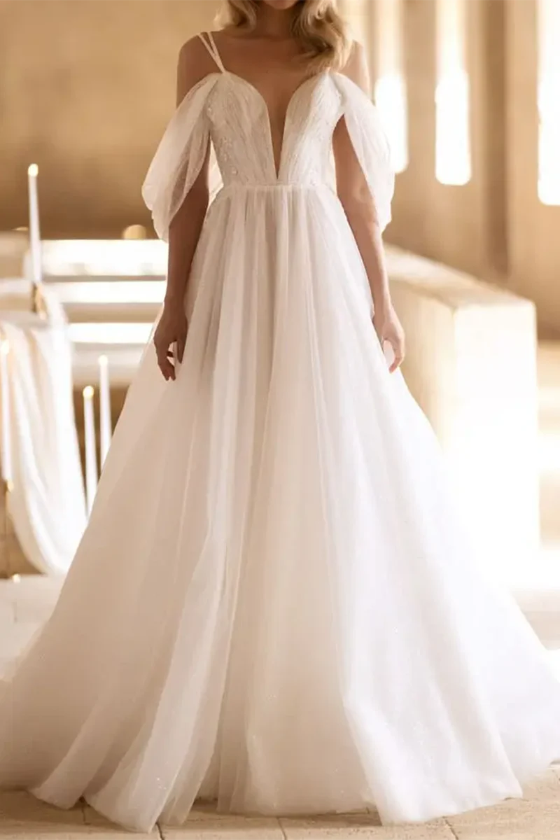 Elegant A-line deep V-neck tulle wedding dress.