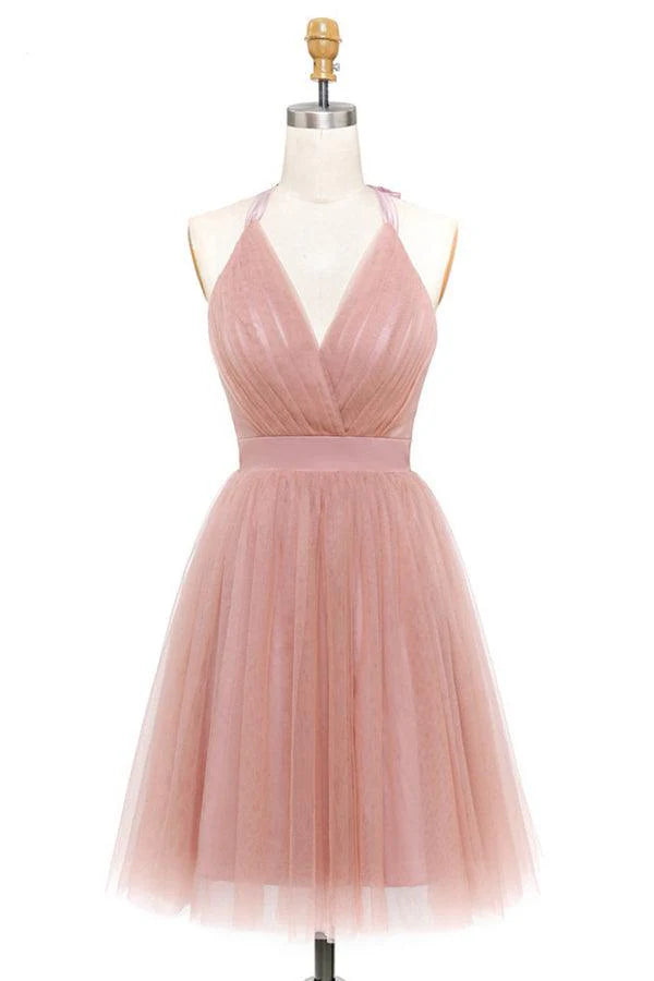 Pink A-Line tulle mini homecoming dress with deep V-neck and backless detail.