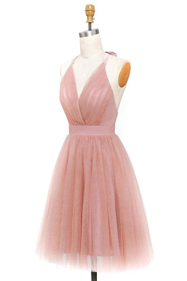 Back view of pink A-Line tulle mini homecoming dress, highlighting backless design.