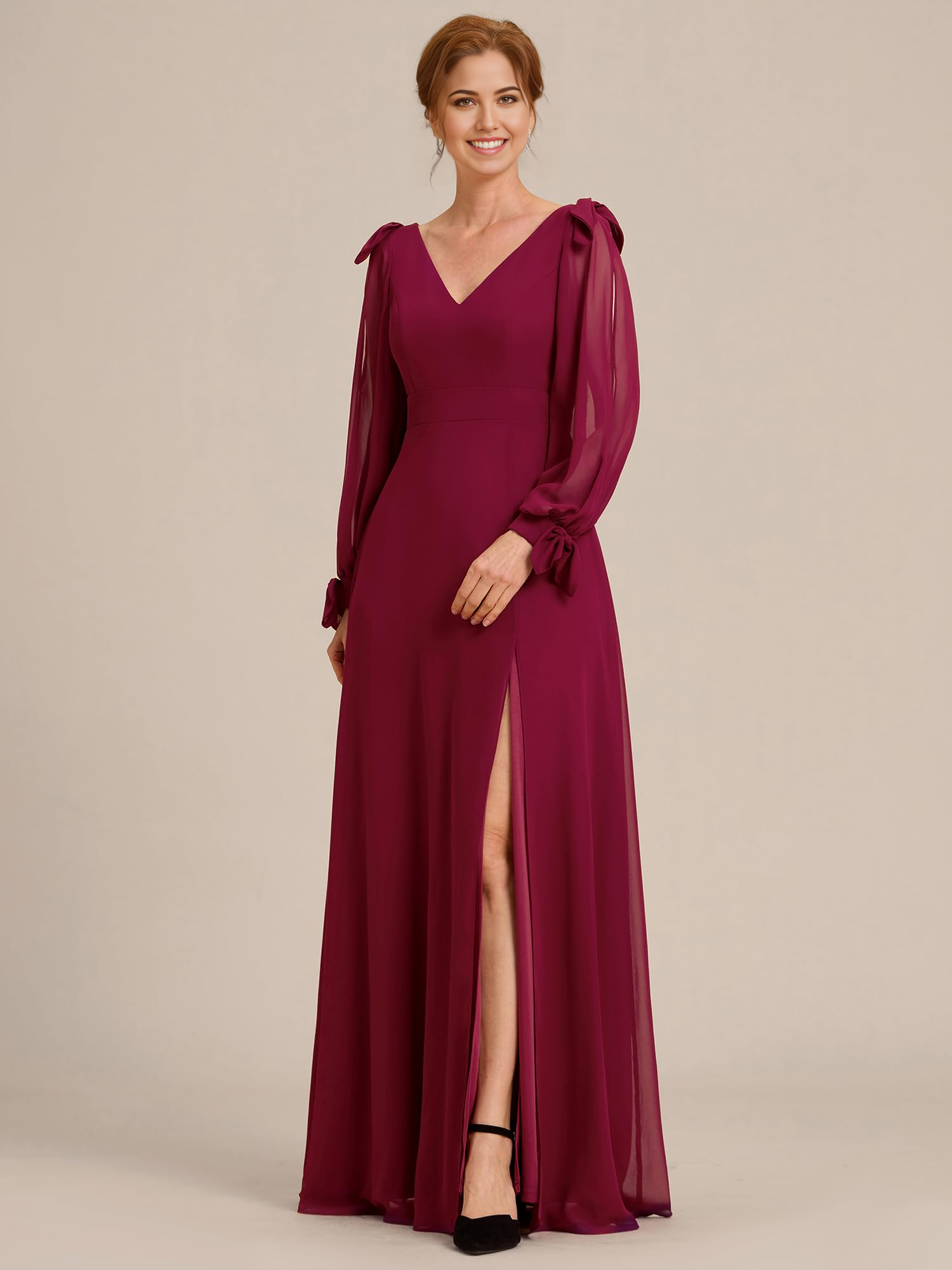 Elegant A-line formal dress with double V-neck and long sleeves.