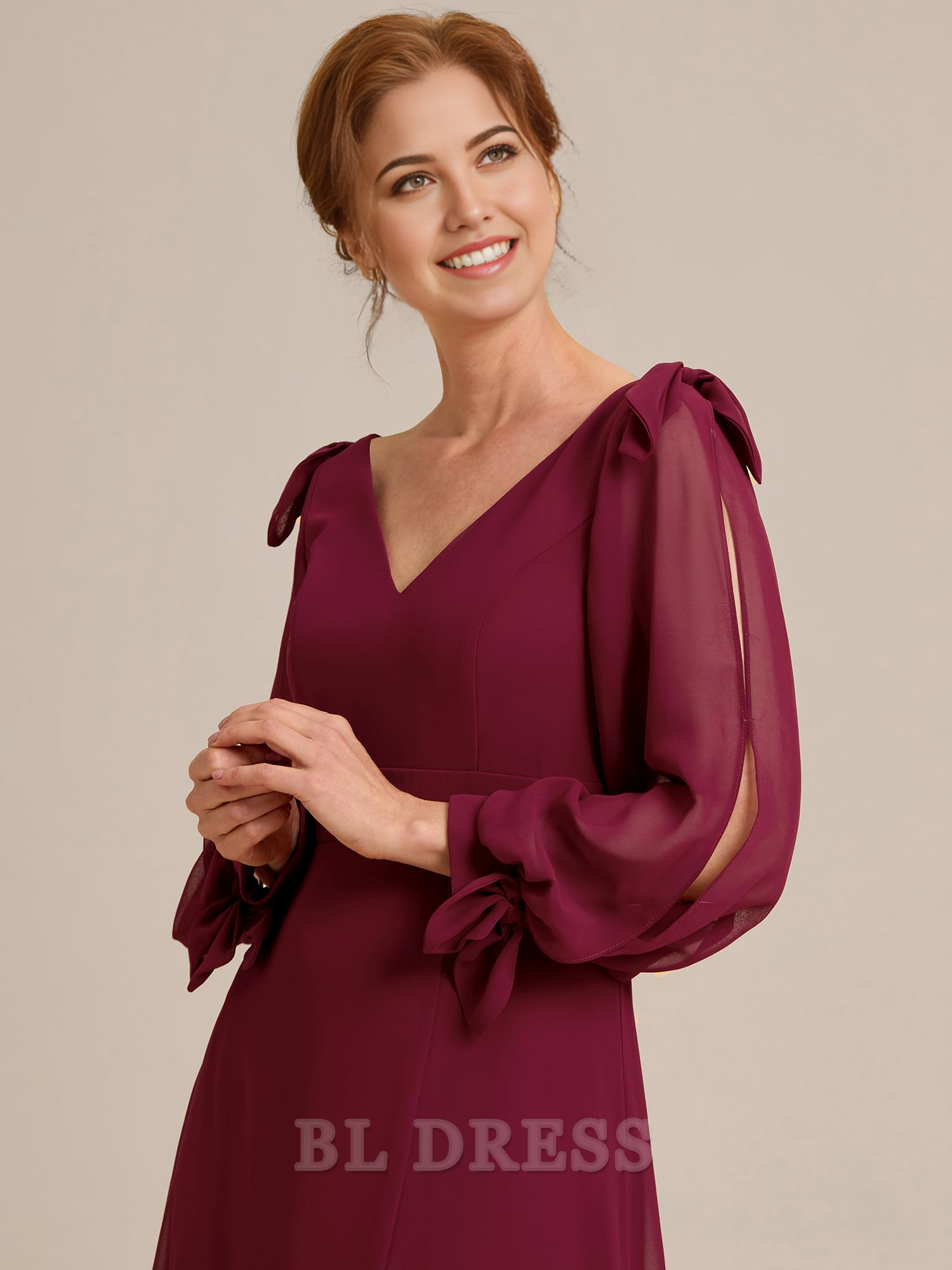 Side view of the high-waist split formal dress.