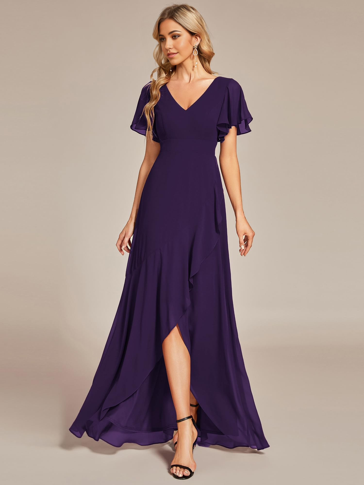 Elegant A-Line chiffon bridesmaid dress with double V-neck.