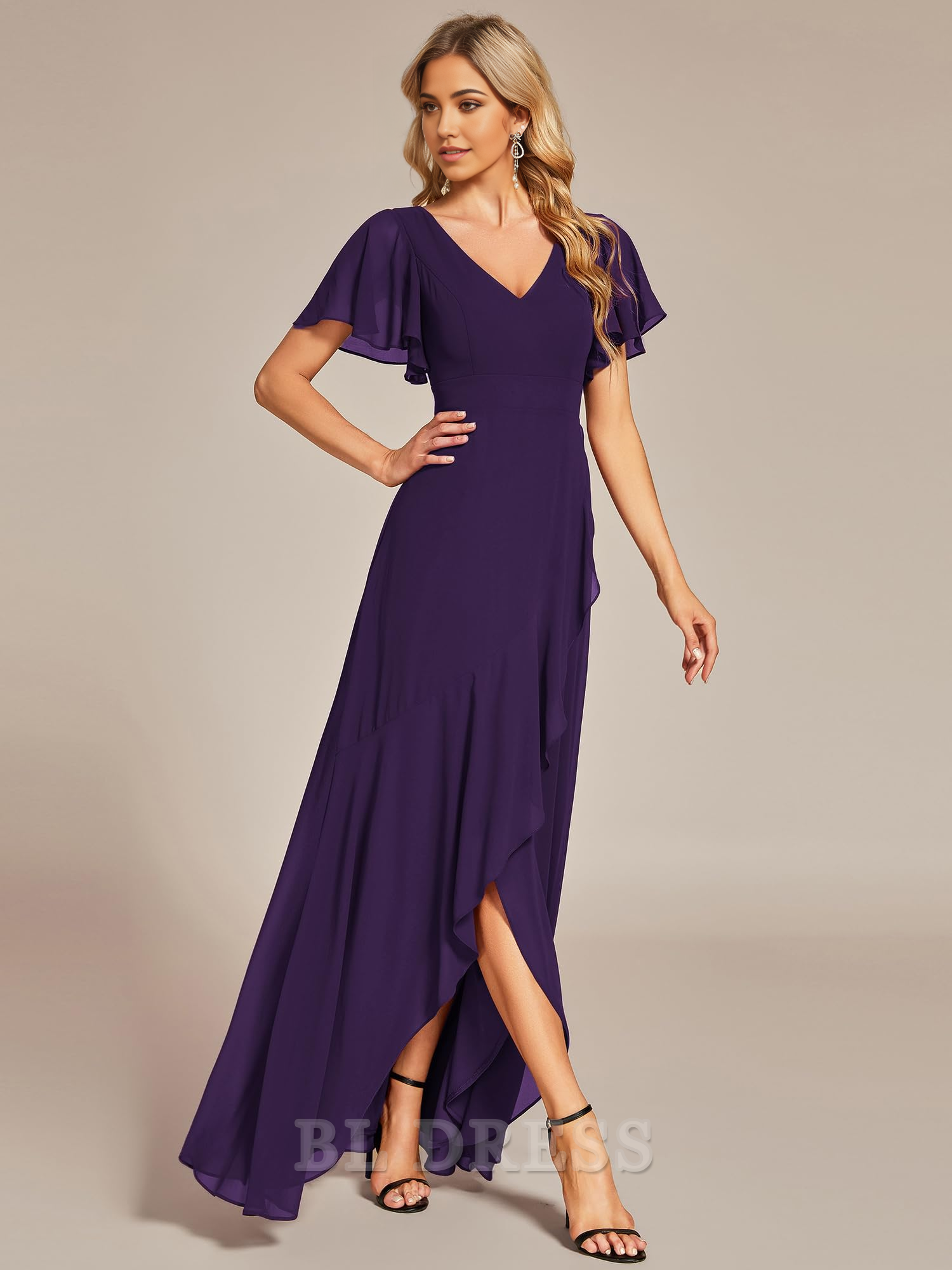 Side profile of A-Line formal dress with flowing high-low hem.