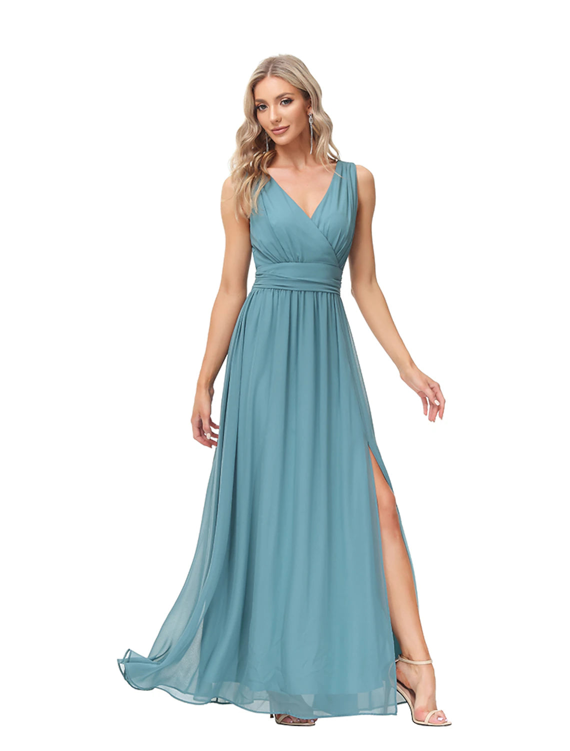 Back view of the A-line chiffon evening gown showing the V-back with a slit.
