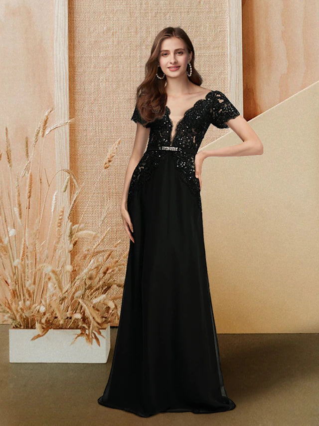 Elegant A-Line Empire evening gown with V-neck, short sleeves, chiffon, and sequin lace details.